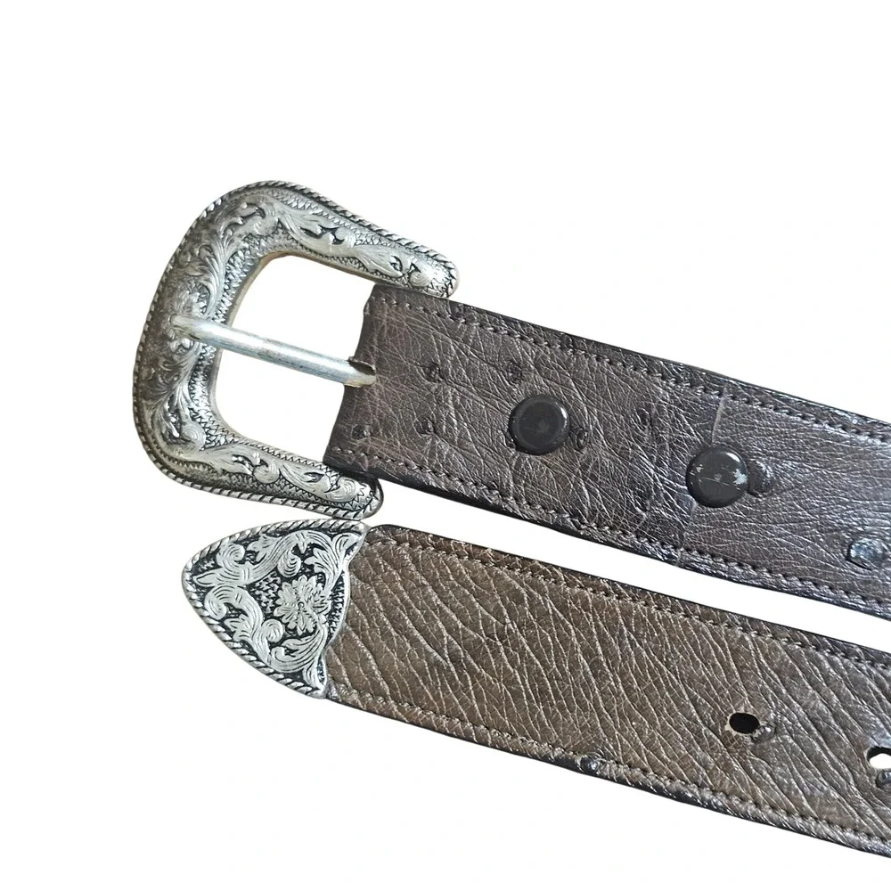 Vintage Brown Ostrich Leather Western Belt Mens 36 Engraved Silver Buckle Cowboy